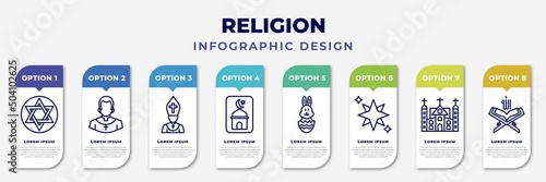 infographic template with icons and 8 options or steps. infographic for religion concept. included judaism, priest, pope, , easter bunny, holy star, monastery, koran editable vector.