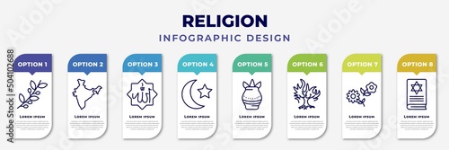 infographic template with icons and 8 options or steps. infographic for religion concept. included olive branch, india, allah word, crescent moon and star, kalasha, burning bush, flowers, torah book