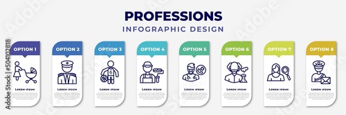 infographic template with icons and 8 options or steps. infographic for professions concept. included baby sitter, captain, basketball player, dyer, podiatrist, scientist, hr specialist, postman