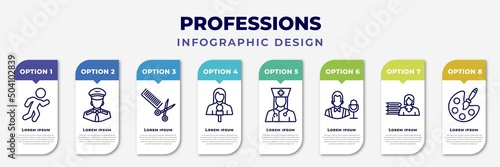 infographic template with icons and 8 options or steps. infographic for professions concept. included athlete, pilot, hairdresser, journalist, physician assistant, showman, librarian, artist