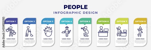 infographic template with icons and 8 options or steps. infographic for people concept. included salesman working, sweeper working, man with crown, architech working, photographer assembler, worker