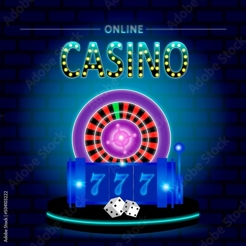 Casino banner. With neon roulette, slots and dice on a blue background