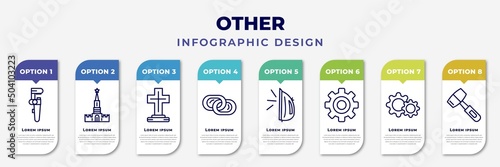 infographic template with icons and 8 options or steps. infographic for other concept. included pipe wrench, kremln, tombstone with cross, interlock, flatiron, mechanical gears, tings, mallet photo