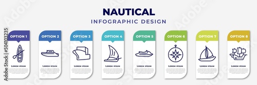 infographic template with icons and 8 options or steps. infographic for nautical concept. included skiff, motorboat, vessel, felucca, watercraft, azimuth compass, windsail, caravel editable vector.