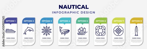 infographic template with icons and 8 options or steps. infographic for nautical concept. included ferry facing right, dolphin, helm, whale, classic ship, big float, compass, one suroard editable