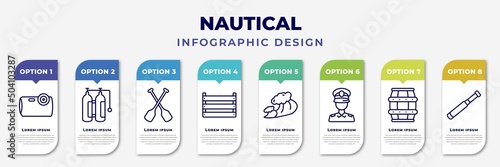 infographic template with icons and 8 options or steps. infographic for nautical concept. included water resist camera, air tank, paddles, big crate, ocean waves, sailor, big barrel, nautical