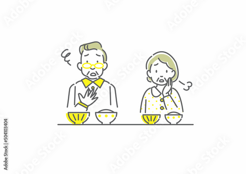 食事を楽しめないシニア夫婦　シンプルでお洒落な線画イラスト