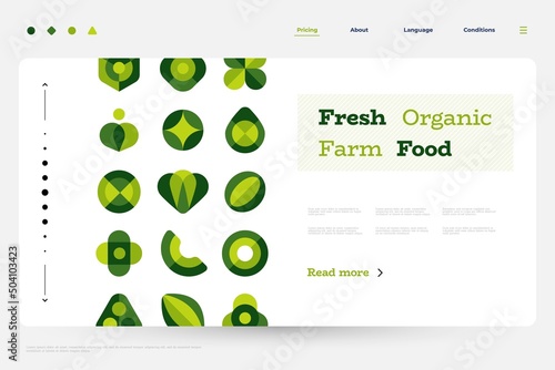 Organic food landing. Web page template with flat geometric abstract shapes, minimalist green plants and fresh food forms. Vector illustration