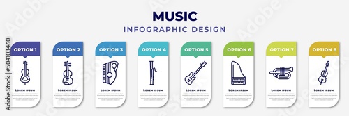 infographic template with icons and 8 options or steps. infographic for music concept. included double bass, viola, zither, bassoon, bass guitar, harpsichord, cornet, violoncello editable vector.