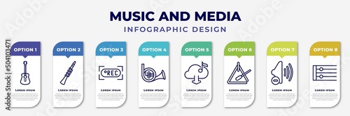 infographic template with icons and 8 options or steps. infographic for music and media concept. included acoustic guitar, oboe, rec, french horn, downloaded music cloud, music triangle, low volume