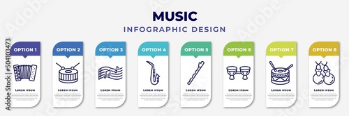 infographic template with icons and 8 options or steps. infographic for music concept. included accordion, snare drum, melody, blues, pennywhistle, bongo, percussion, castanets editable vector.