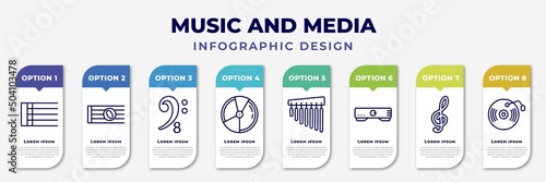 infographic template with icons and 8 options or steps. infographic for music and media concept. included bold double bar line, whole, octave clef, dvd disc, chimes, amplifier, treble clef, music