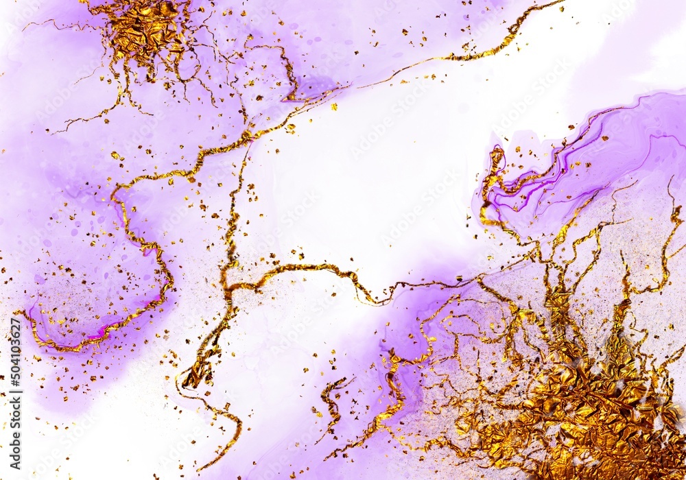Fototapeta premium Natural luxury abstract fluid art painting in alcohol ink technique. Tender and dreamy wallpaper. Mixture of colors creating transparent waves and golden swirls. For posters, 