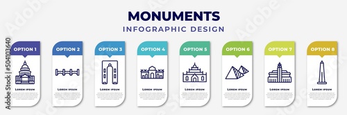 infographic template with icons and 8 options or steps. infographic for monuments concept. included united states capitol, bridge of the west, ejer baunehoj, alcala gate, thatbyinnyu temple,