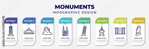 infographic template with icons and 8 options or steps. infographic for monuments concept. included circle, dome of the rock, canyon, chartres cathedral, tower of pisa, cambodia, barcelona, moia