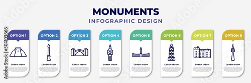 infographic template with icons and 8 options or steps. infographic for monuments concept. included pyramid of the magician, monument site, stari most, the clock tower, retiro park, amritsar,