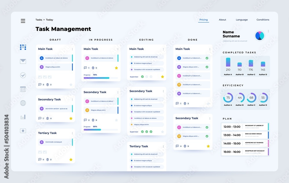 Task manager. Planner and organizer application dashboard UI with task performance process, time management web app. Vector template - obrazy, fototapety, plakaty 