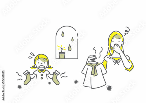 お母さんと娘　洗濯物の生乾き　シンプルでお洒落な線画イラスト