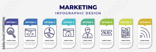 infographic template with icons and 8 options or steps. infographic for marketing concept. included analyze, webcode, margin, velocity test, salesman, coupon, flyer, rss editable vector.