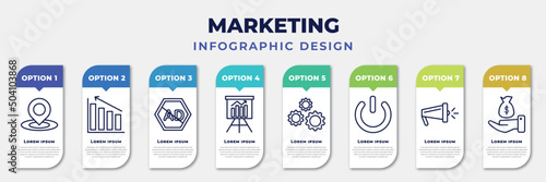 infographic template with icons and 8 options or steps. infographic for marketing concept. included place, diagrams, ad blocker, marketing presentation, configuration, off, campaign, sales editable
