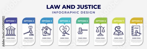 infographic template with icons and 8 options or steps. infographic for law and justice concept. included court, ask a lawyer, real estate law, divorce, case closed, adminstrative law, criminal