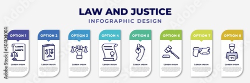 infographic template with icons and 8 options or steps. infographic for law and justice concept. included documents, labour and social law, roman law, scroll with corpse, gavel, electroshock weapon,