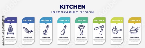 infographic template with icons and 8 options or steps. infographic for kitchen concept. included waffle iron, zester, tea infuser, tablespoon, vegetable peeler, tongs, wok, tureen editable vector.