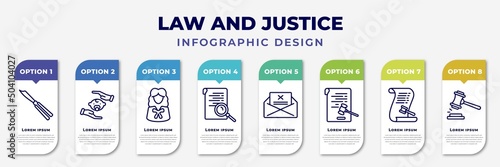 infographic template with icons and 8 options or steps. infographic for law and justice concept. included butterfly knife, child custody, attorney, investigation, crime letter, corporative law, law