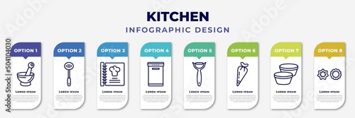 infographic template with icons and 8 options or steps. infographic for kitchen concept. included mortar, skimmer, recipe, dishwasher, peeler, pastry bag, custard cup, cookie cutter editable vector.