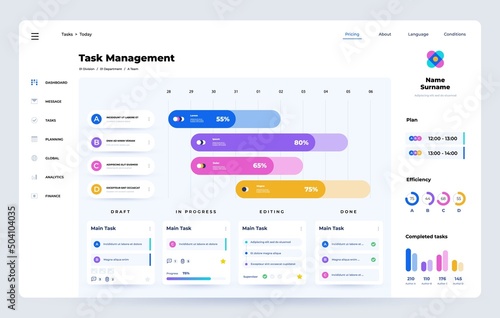 Schedule app. Task manager UI template with project timeline, time optimization and task management web app dashboard interface. Vector design photo