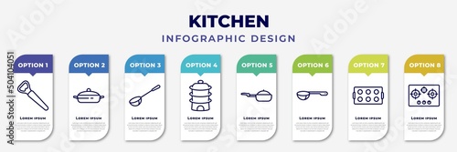 infographic template with icons and 8 options or steps. infographic for kitchen concept. included bottle opener, cooking pot, ladle, steamer, stew pot, scoop, muffin pan, stove editable vector.