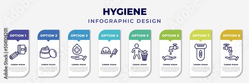 infographic template with icons and 8 options or steps. infographic for hygiene concept. included appointment book, body cream, sanitary, shower cap, throw, scrub up, depilator, ablution editable
