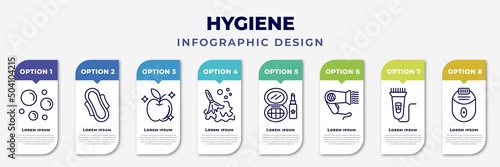 infographic template with icons and 8 options or steps. infographic for hygiene concept. included bubble, hygienic pad, food hygiene, wet cleaning, cosmetics, dryer, electric razor, epliator