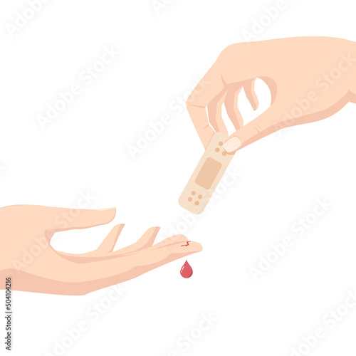 Hand giving an adhesive bandage to another hurt hand. Help concept