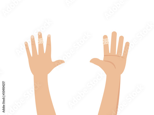 Two hands with a wound finger and adhesive bandage