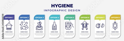 infographic template with icons and 8 options or steps. infographic for hygiene concept. included face towel, bubbles, tissues, varnish, flossing, face washer, lens, urinal editable vector.