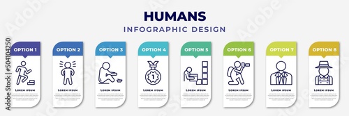 infographic template with icons and 8 options or steps. infographic for humans concept. included smortsmen, proud pose, begging, first prize, storekeeper, nature photographer, businessman with tie,