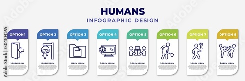 infographic template with icons and 8 options or steps. infographic for humans concept. included come in, showering, single file, online business, carrying, public work, hine repair, fighting photo