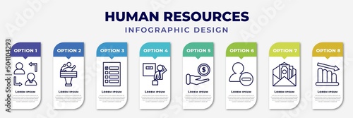 infographic template with icons and 8 options or steps. infographic for human resources concept. included change personal, candidate, selection, exit interview, earnings, remove user, salary,