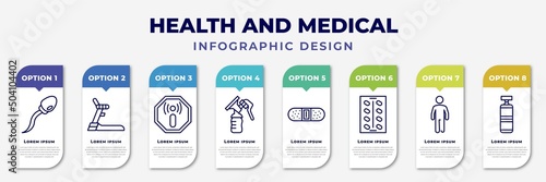 infographic template with icons and 8 options or steps. infographic for health and medical concept. included sperm, treadmill, non ionizing radiation, breast pump, band aid, medical strip, body,