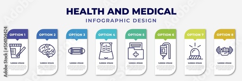 infographic template with icons and 8 options or steps. infographic for health and medical concept. included urine, neurology, medical mask, abs, medical result, drip, emergency, gym editable