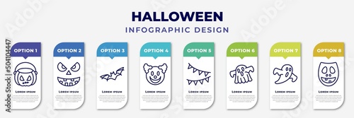 infographic template with icons and 8 options or steps. infographic for halloween concept. included pumpkin basket, pumpkin face, bats, clown smile, halloween decoration, halloween ghost, ghosts,