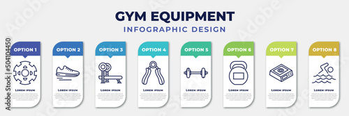 infographic template with icons and 8 options or steps. infographic for gym equipment concept. included barrels, sneakers, bench press, hand grip, weight bar, kettlebells, weight scale, swim