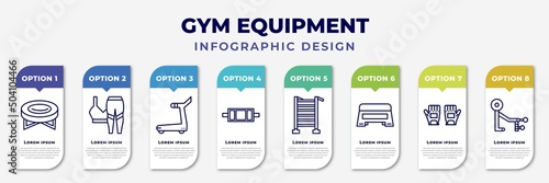 infographic template with icons and 8 options or steps. infographic for gym equipment concept. included jumping equipment, women fitness clothing, treadmill hine, triceps bar, swedish wall, step,