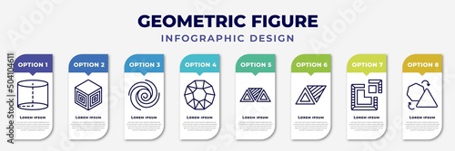 infographic template with icons and 8 options or steps. infographic for geometric figure concept. included cylinder, side to side of a cube, spiral, polygon, triple triangle, triangles couple,