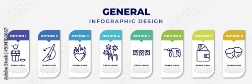 infographic template with icons and 8 options or steps. infographic for general concept. included poverty, history brush, heart in flames, daisy bouquet, party decoration, perforator, card wallet,