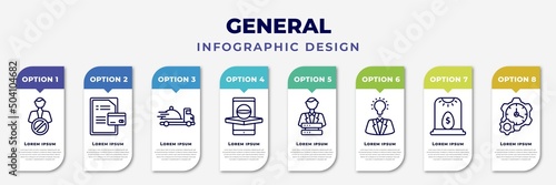 infographic template with icons and 8 options or steps. infographic for general concept. included impeachment, credit report, food delivery, ar app, big data scientist, brand awareness, business