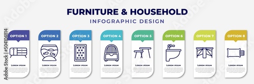 infographic template with icons and 8 options or steps. infographic for furniture & household concept. included credenza, fish bowl, mattress, dehumidifier, coffee table, bidet, gateleg table,