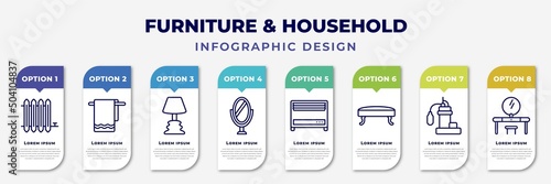 infographic template with icons and 8 options or steps. infographic for furniture & household concept. included radiator, towel, lamps, mirror, heating, hassock, sump pump, lowboy editable vector.