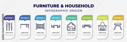 infographic template with icons and 8 options or steps. infographic for furniture & household concept. included silverware, desk, crib, dining room, dog, kitchen table, chimney, side table editable